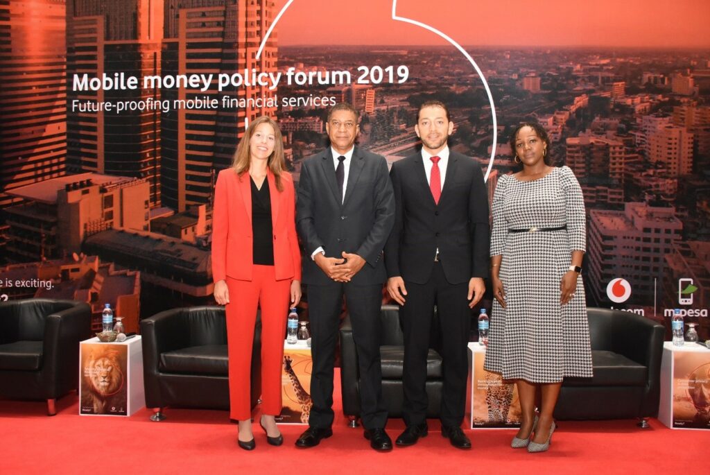 Representative from the Bank of Tanzania Abert Cesari (Second left) in group photo with Managing director of Vodacom Tanzania PLC, Hisham Hendi (Second right), Managing Executive, Legal and regulatory from Vodacom Group, Judith Obholzer (Far left) and Director of Corporate Affairs, Vodacom Tanzania Rosalynn Mworia (Far right) during release of Vodacom’s Future-Proofing Mobile Financial Services report in Dar es salaam